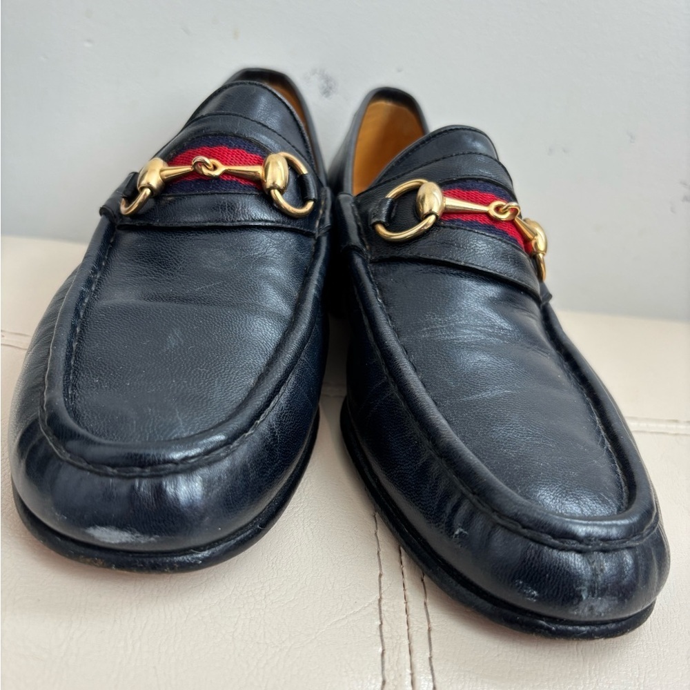 Vintage Gucci Gold Horse-bit Navy Blue Leather Loafers With Red Stripes Size 42S - Picture 10 of 13